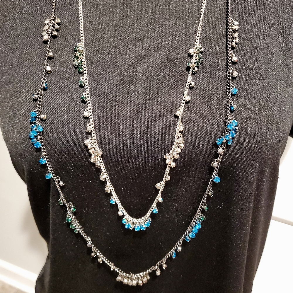 2 tier seven seas blue & Dark night stone necklace black with silver tone 18-20"